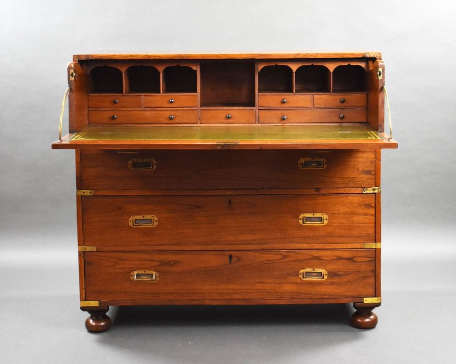 Antique Victorian Teak Campaign Secretaire Chest