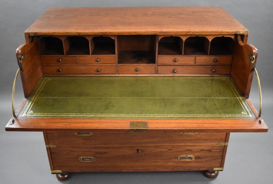 Antique Victorian Teak Campaign Secretaire Chest