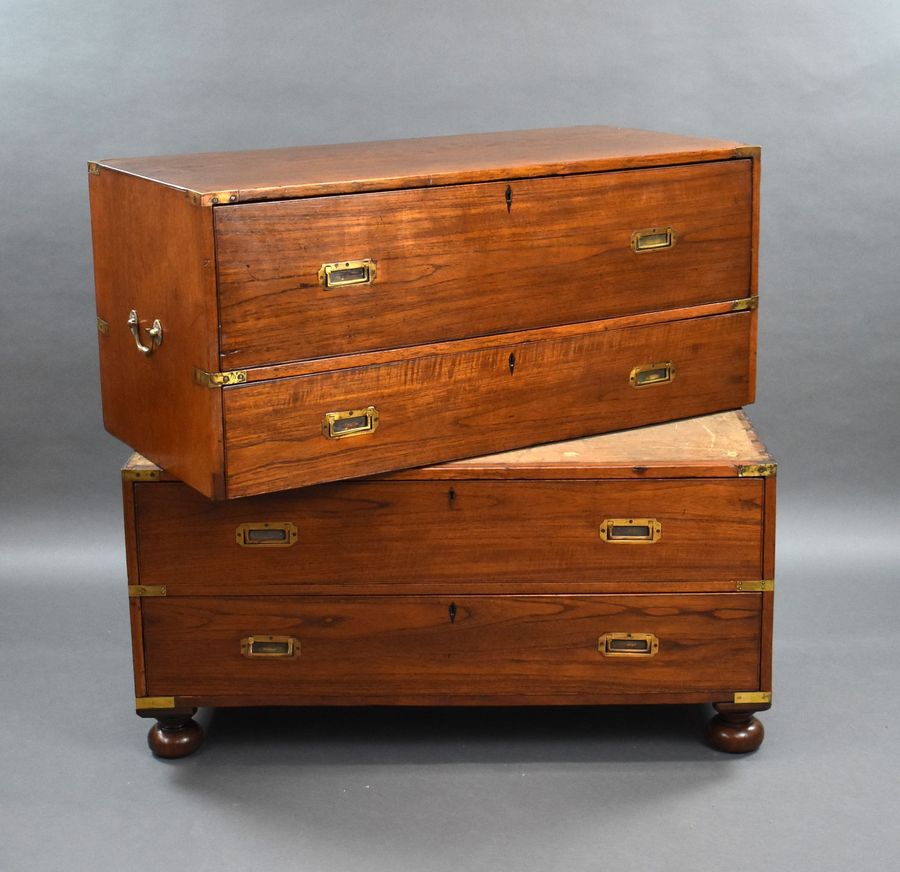 Antique Victorian Teak Campaign Secretaire Chest