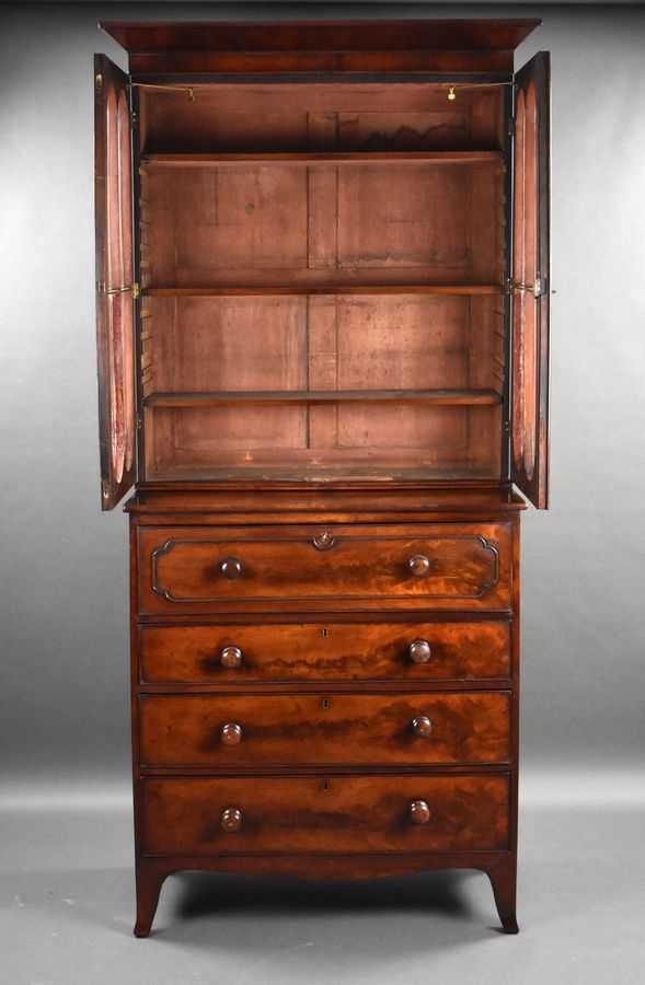 Antique William IV Flame Mahogany Secretaire Bookcase