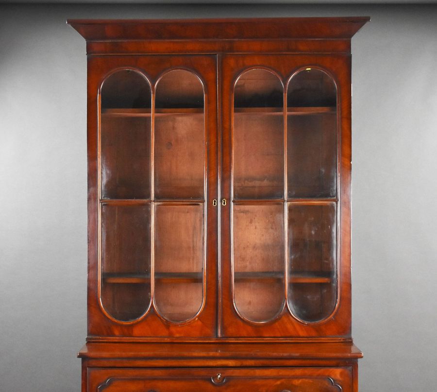 Antique William IV Flame Mahogany Secretaire Bookcase