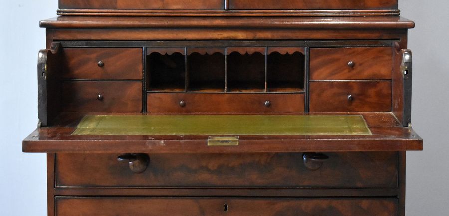 Antique William IV Flame Mahogany Secretaire Bookcase