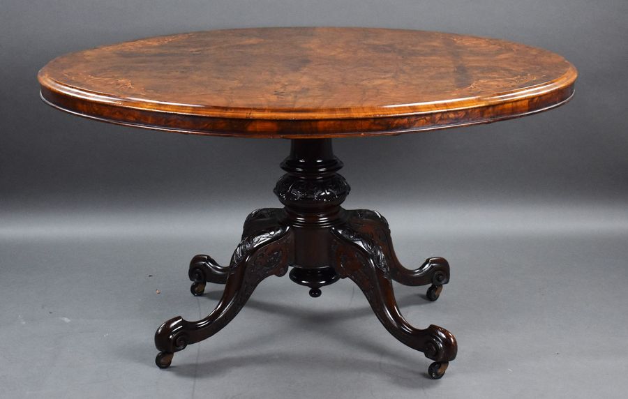 Antique Victorian Burr Walnut Inlaid Oval Dining Table