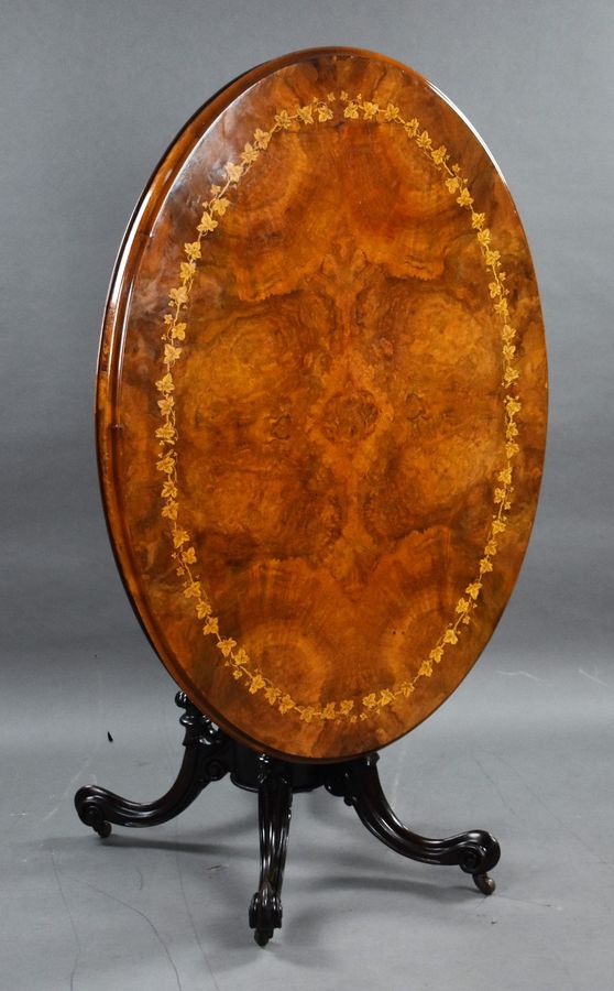 Antique Victorian Burr Walnut Inlaid Oval Loo Table