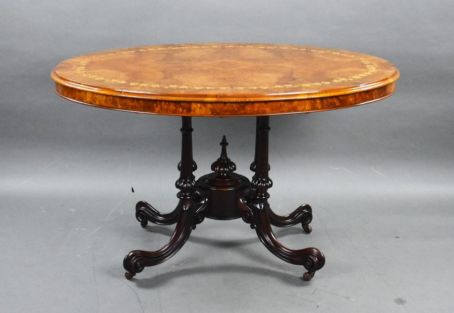 Antique Victorian Burr Walnut Inlaid Oval Loo Table