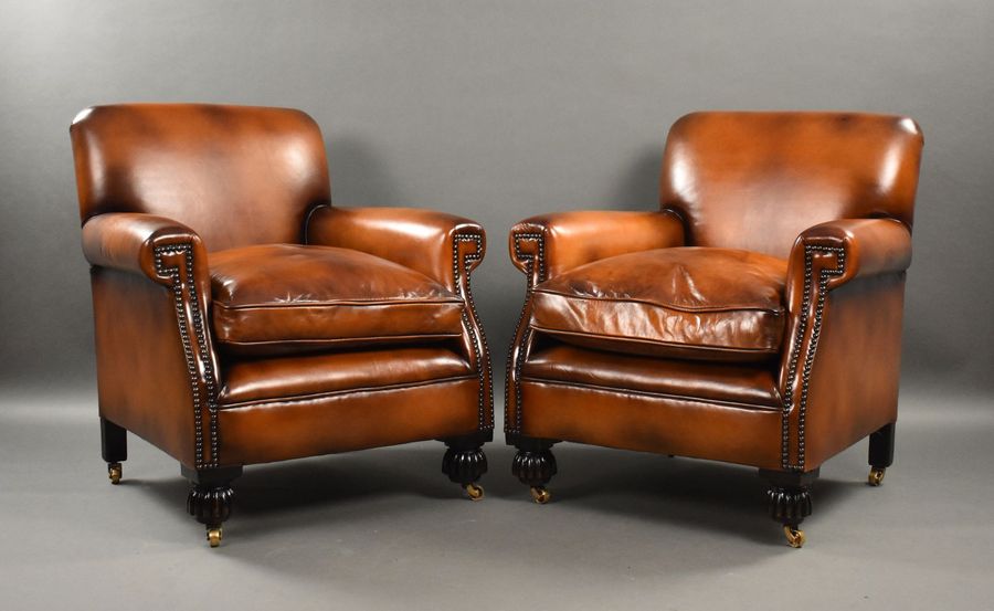 Pair of Antique Hand Dyed Leather Club Chairs