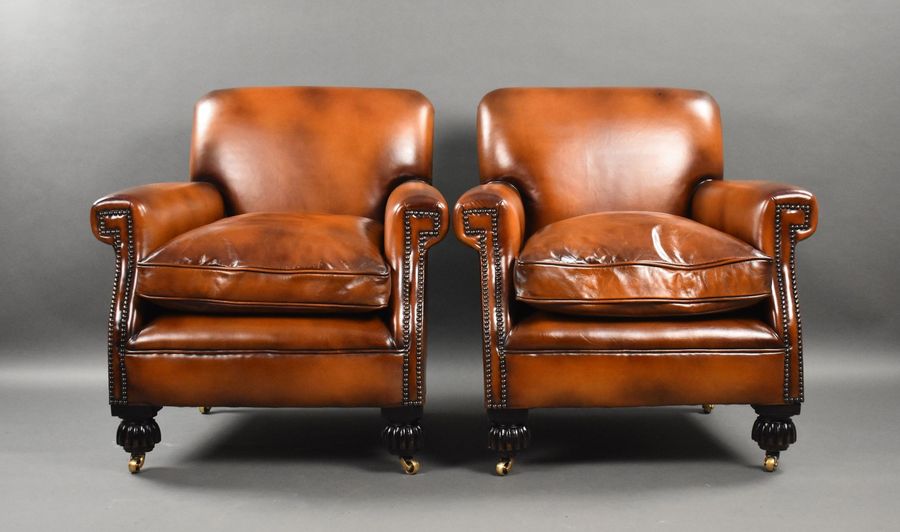 Antique Pair of Antique Hand Dyed Leather Club Chairs