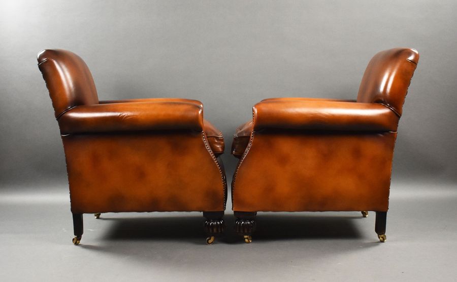 Antique Pair of Antique Hand Dyed Leather Club Chairs