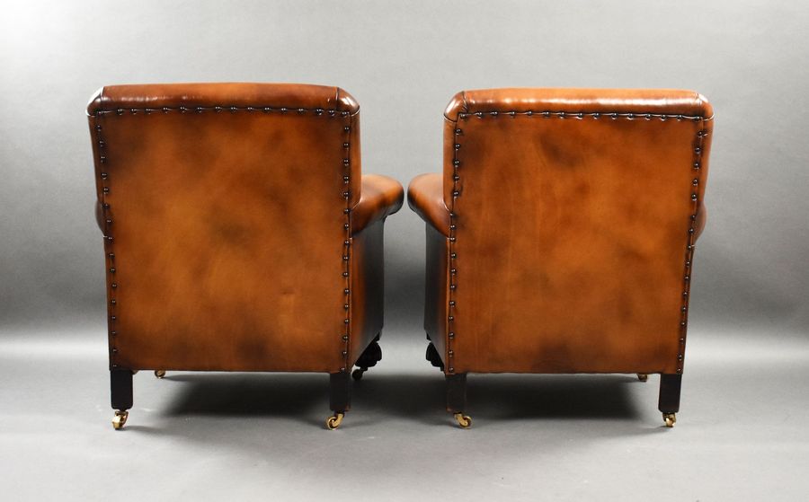 Antique Pair of Antique Hand Dyed Leather Club Chairs