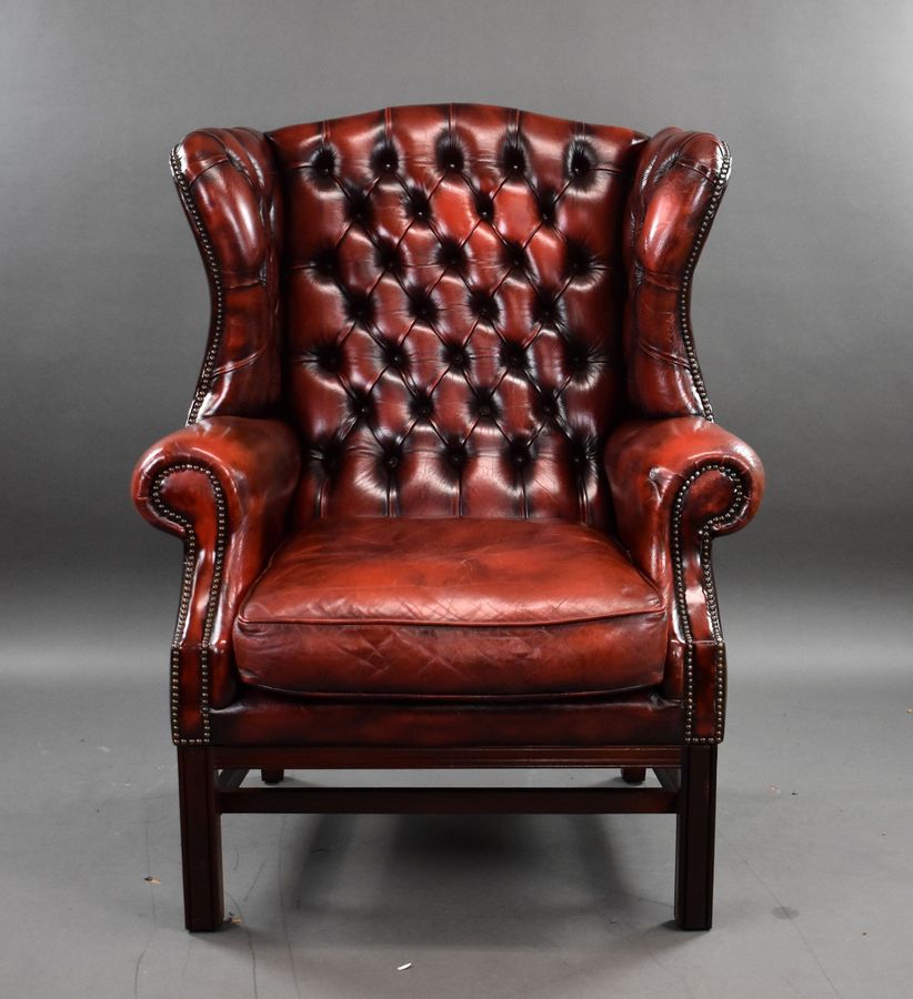 Antique Ox Blood Red Leather Wing Back Armchair