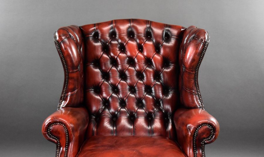 Antique Ox Blood Red Leather Wing Back Armchair