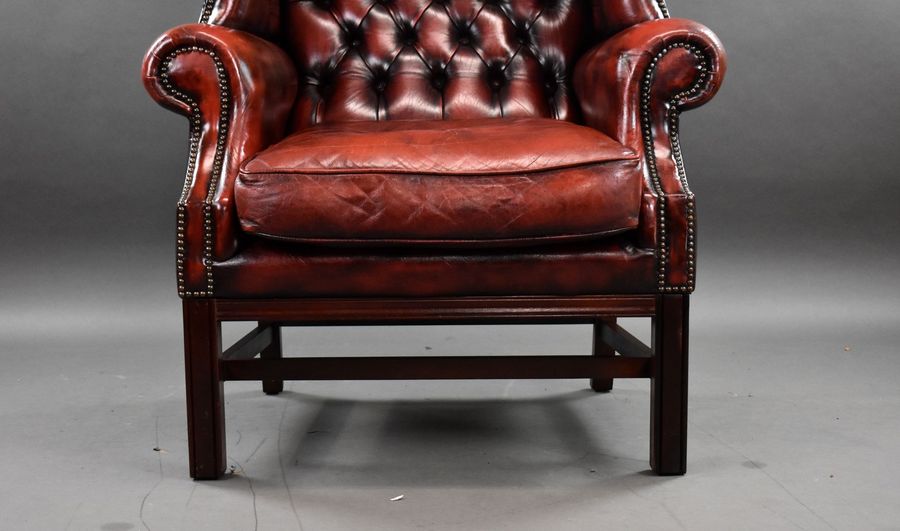 Antique Ox Blood Red Leather Wing Back Armchair