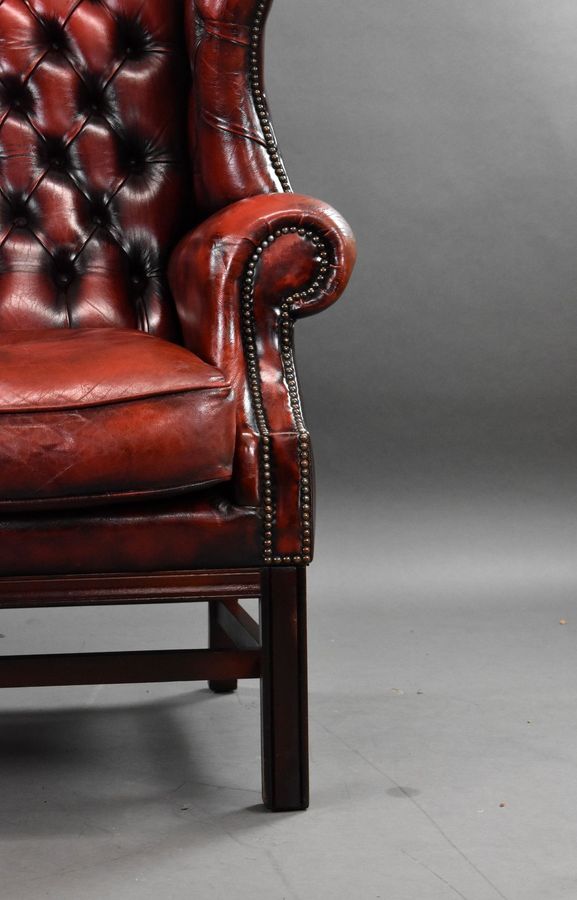 Antique Ox Blood Red Leather Wing Back Armchair