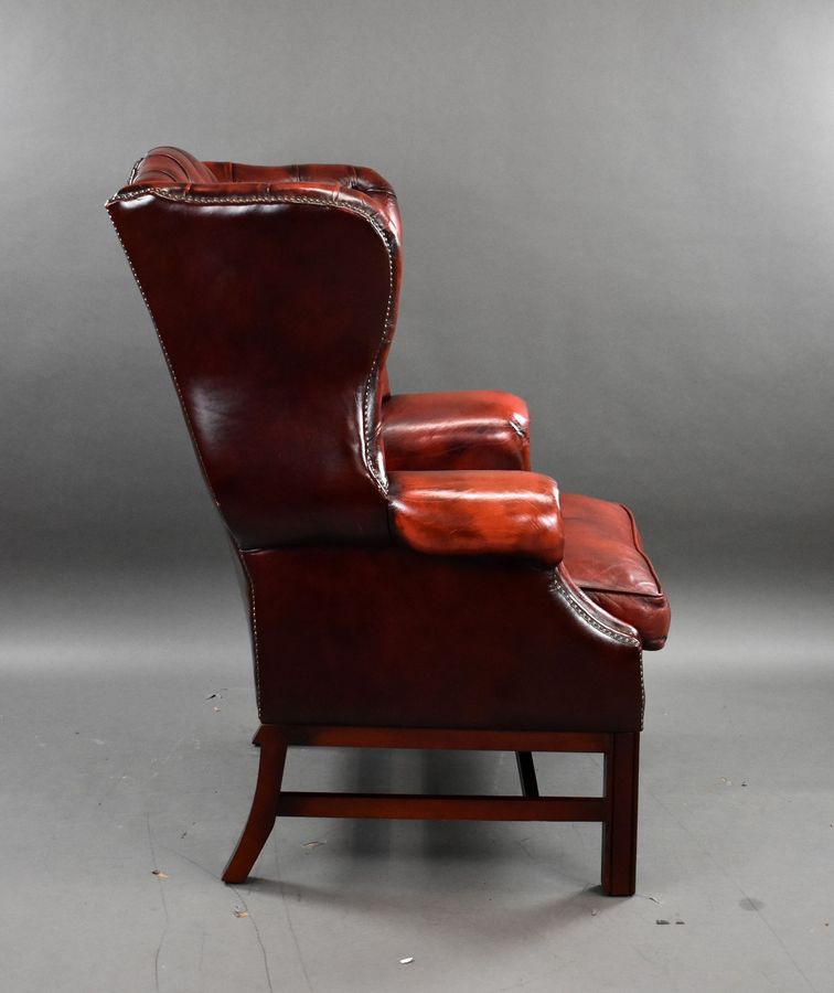 Antique Ox Blood Red Leather Wing Back Armchair