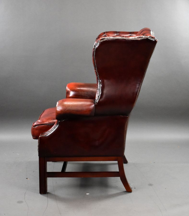 Antique Ox Blood Red Leather Wing Back Armchair