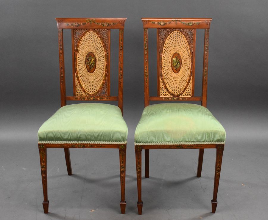 Antique Pair of Edwardian Hand Painted Satinwood Chairs