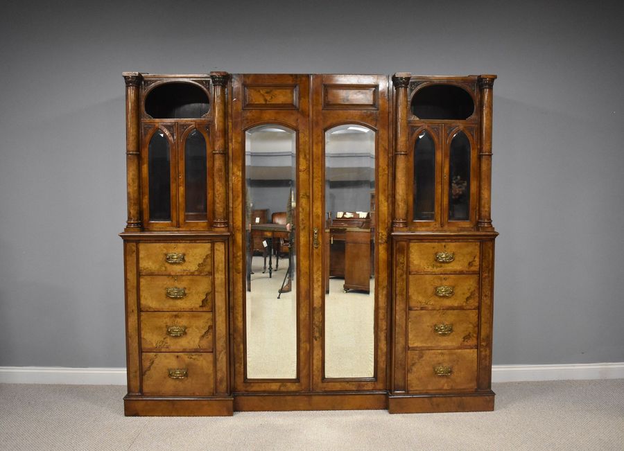 Antique Victorian Burr Walnut Triple Wardrobe