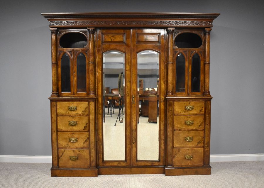 Antique Victorian Burr Walnut Triple Wardrobe