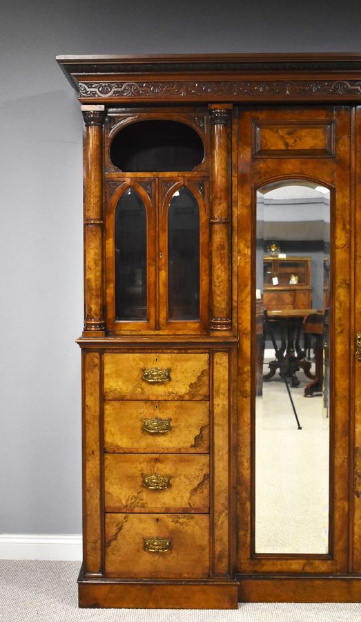 Antique Victorian Burr Walnut Triple Wardrobe