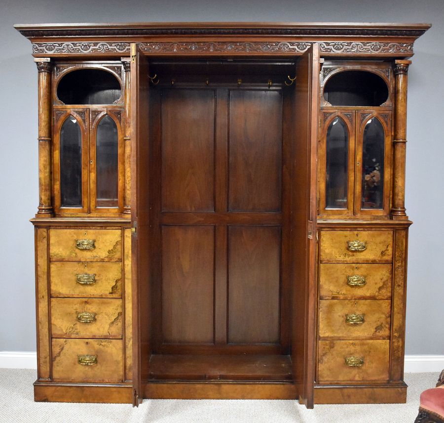 Antique Victorian Burr Walnut Triple Wardrobe