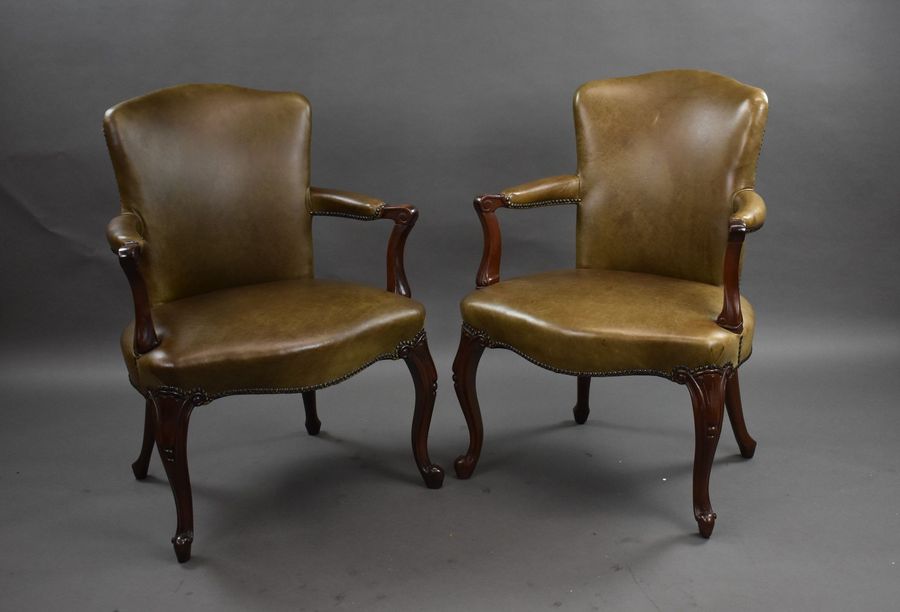 Pair 1950s Mahogany Leather Desk Chairs