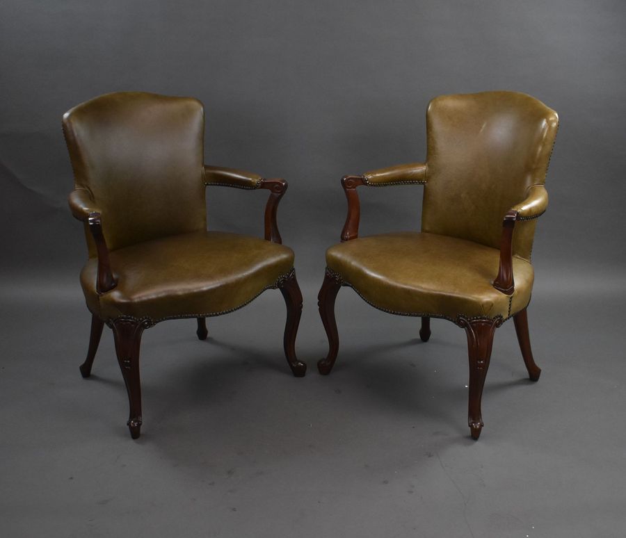 Antique Pair 1950s Mahogany Leather Desk Chairs