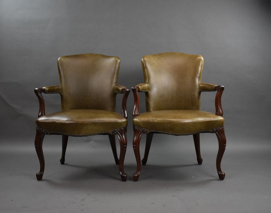 Antique Pair 1950s Mahogany Leather Desk Chairs