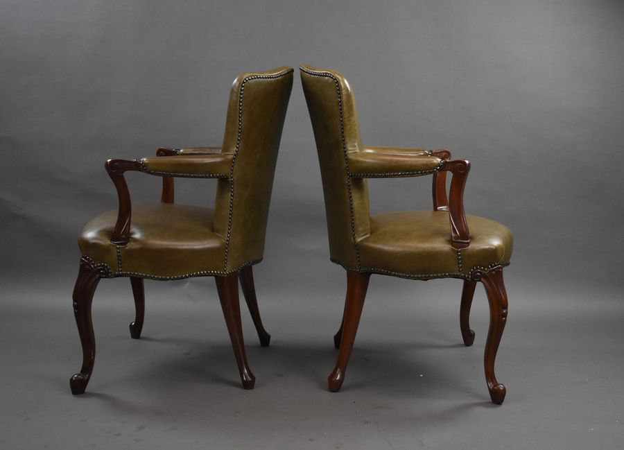 Antique Pair 1950s Mahogany Leather Desk Chairs