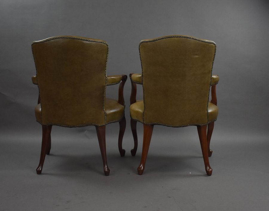 Antique Pair 1950s Mahogany Leather Desk Chairs