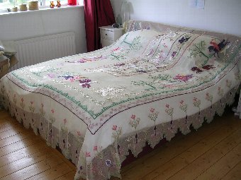 Italian / Vintage Bedspread Embroidered on Net / Lace. Period 1900 - 1920
