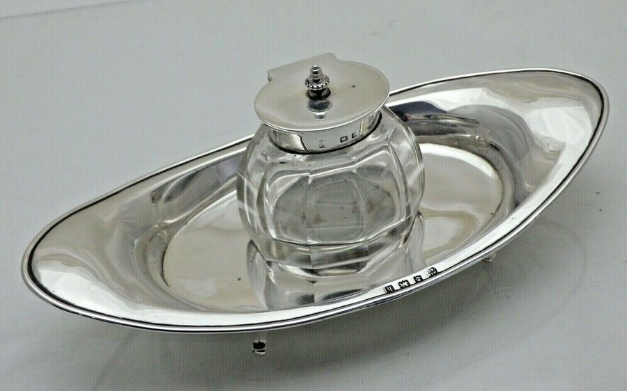 Antique Sterling Solid Silver Ink Stand with Glass Inkwell (1841/9/KAY)