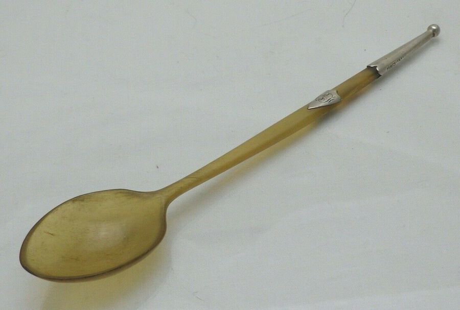 Antique Horn Spoon. with Sterling Solid Silver Terminal & Cartouche (1844/9/VKY)