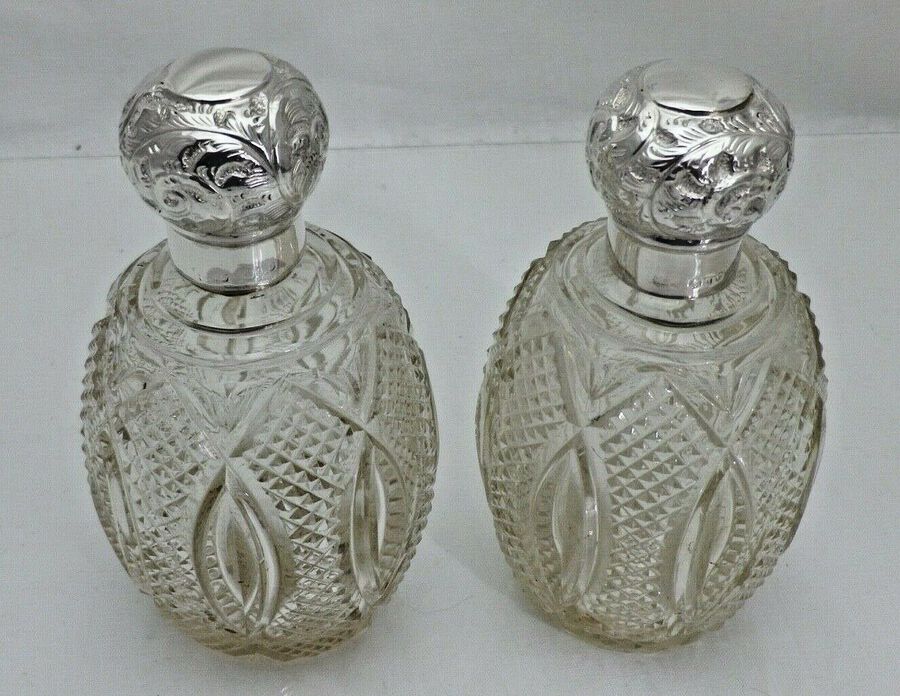 Antique 1896 Pair Solid Silver Topped Cut Glass Scent Bottles (1725/K/GSY)