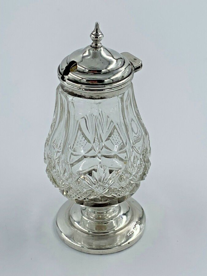 Antique 1909 Sterling Solid Silver & Cut Glass Mustard Pot (2047/9/ONPMN)