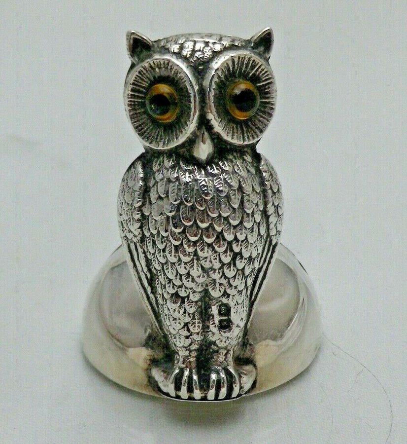 1906 Antique Sterling Solid Silver Novelty Bead Eyed Owl Menu Holder (1747/K/VNO