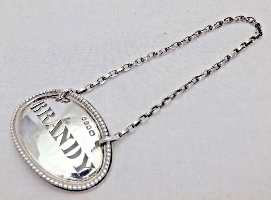 Antique Sterling Solid Silver Oval Brandy Wine Label Ticket 1868 (854-D-KNY)