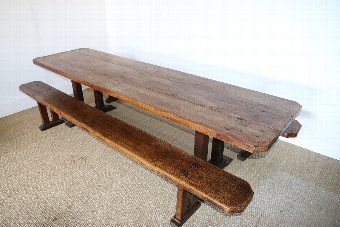 Antique  French Ash Refectory Table With Benches 