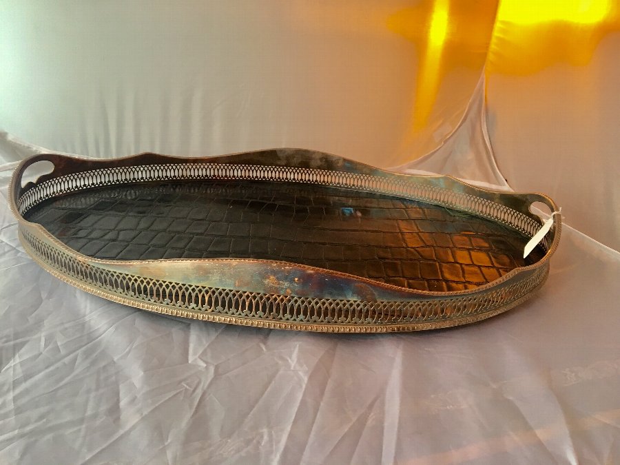 Large silver plate tray with croc leather. 