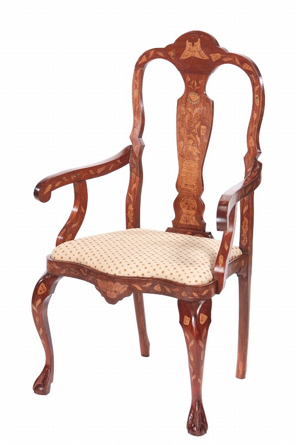 19th Century Antique Dutch Marquetry Arm / Desk Chair