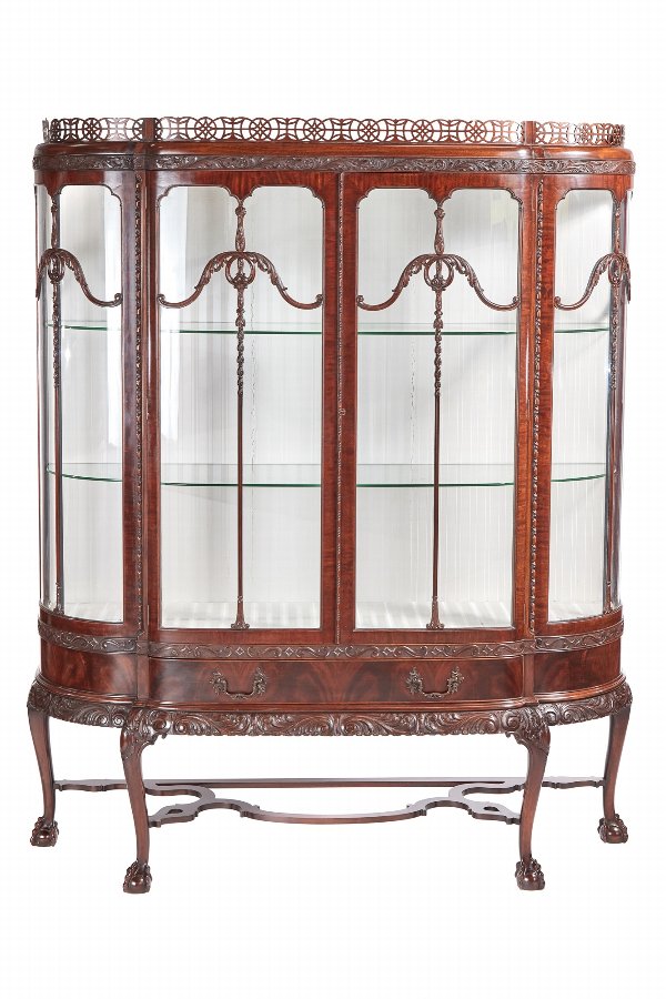 Fine Chippendale Revival Carved Mahogany Breakfront Display Cabinet
