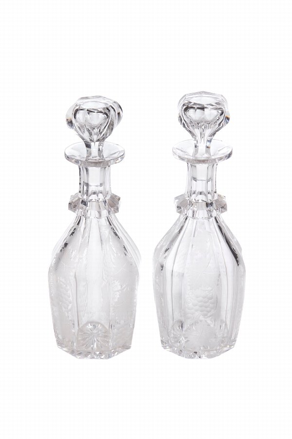 Unusual Pair of Antique Etched Glass Decanters