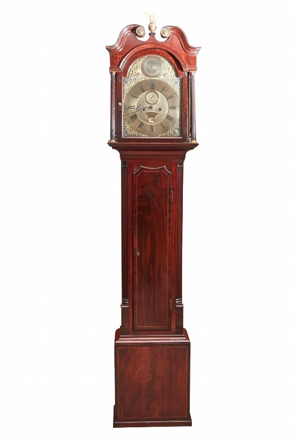 MAHOGANY INLAID BRASS FACE EIGHT DAY GRANDFATHER CLOCK