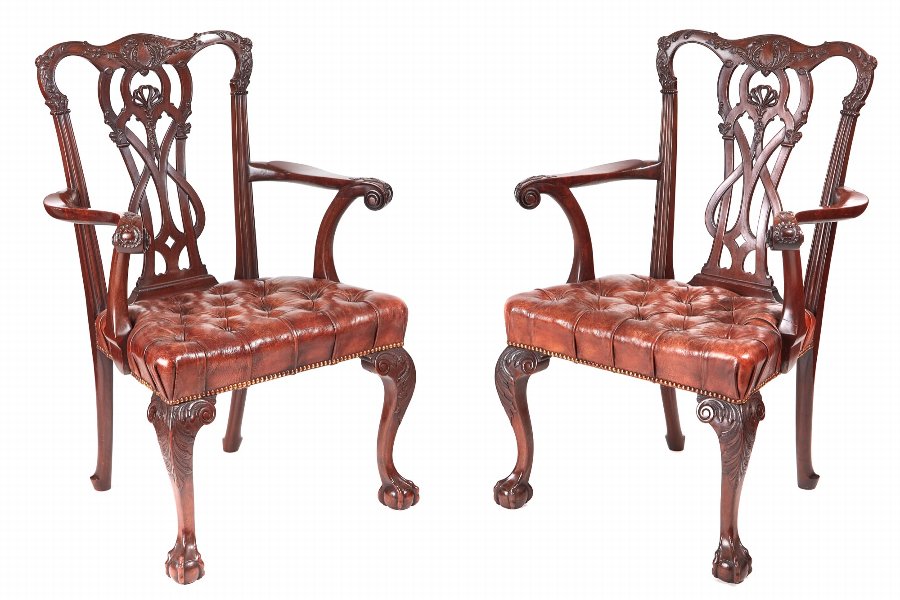 Fine Pair of Antique Carved Mahogany Claw & Ball Elbow / Desk Chairs c.1880