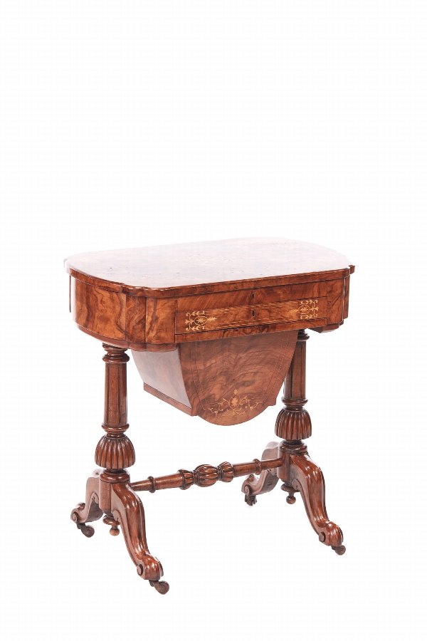 Outstanding Victorian Freestanding Inlaid Burr Walnut Sewing Table