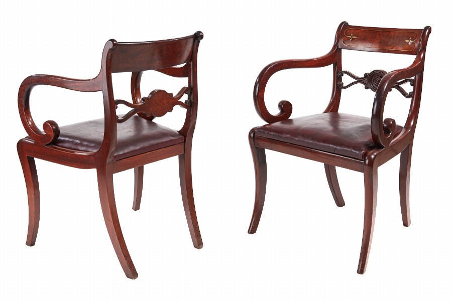 Fine Pair of Regency Mahogany Brass Inlaid Elbow Chairs c.1820