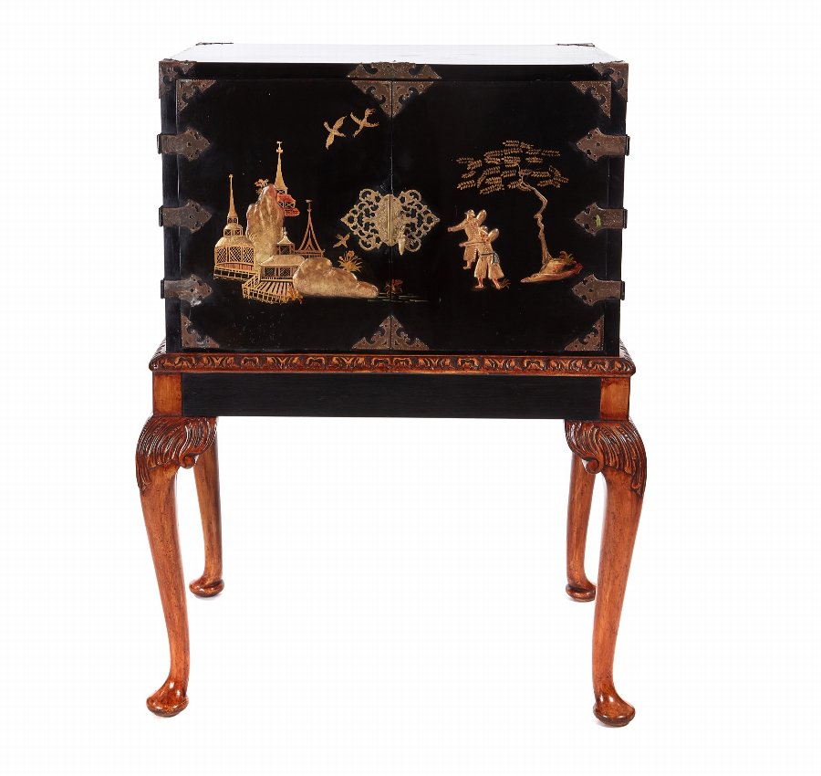 Antique Chinoiserie Lacquered Cabinet On Stand