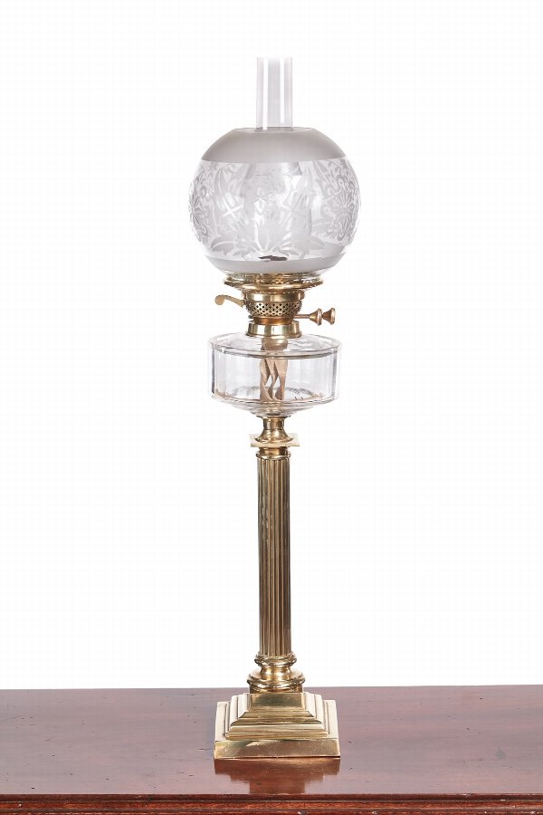 Antique Victorian Brass Corinthian Column Oil Lamp