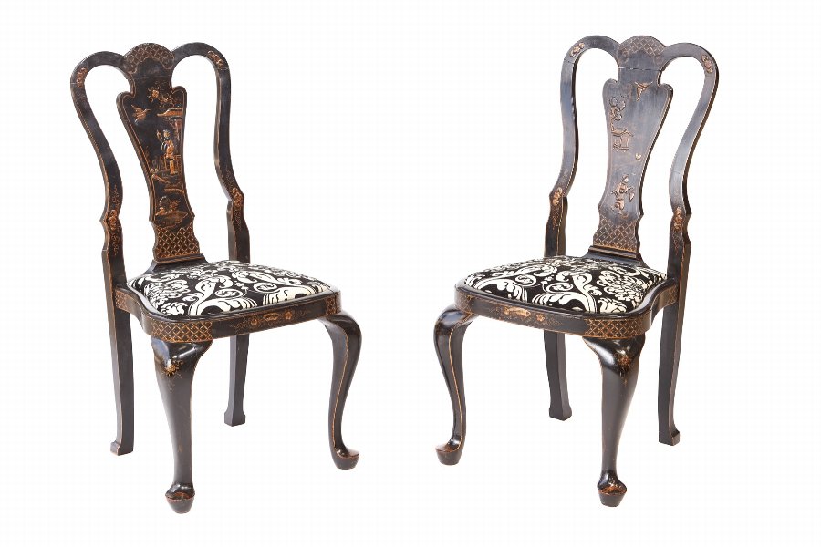 Pair Of Chinoiserie Lacquered Decorated Side / Desk Chairs