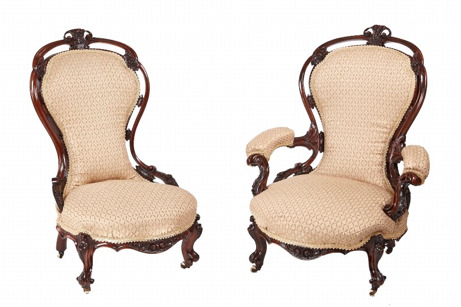 Outstanding Pair Of Victorian Carved Walnut Chairs