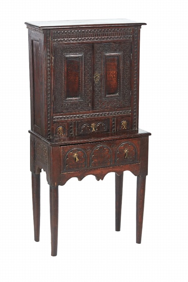 Small Antique Carved Oak Cupboard   